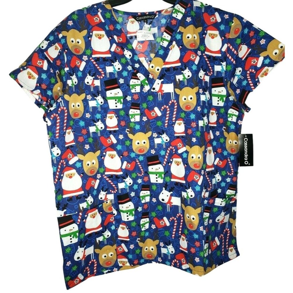 Cassandra O Christmas Blue Santa Snowman Candy Cane Holiday Scrub Top